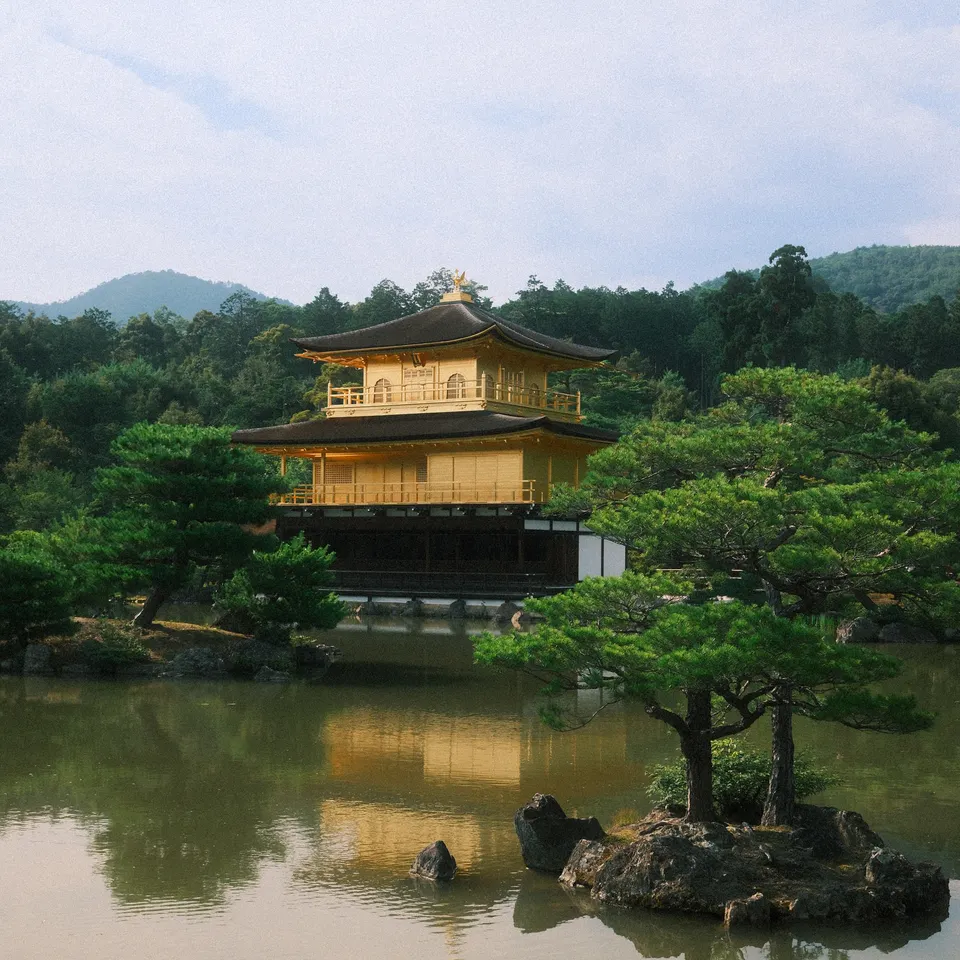 Kinkaku-ji's Golden Pavilion reflected in a pond, framed by pine trees
