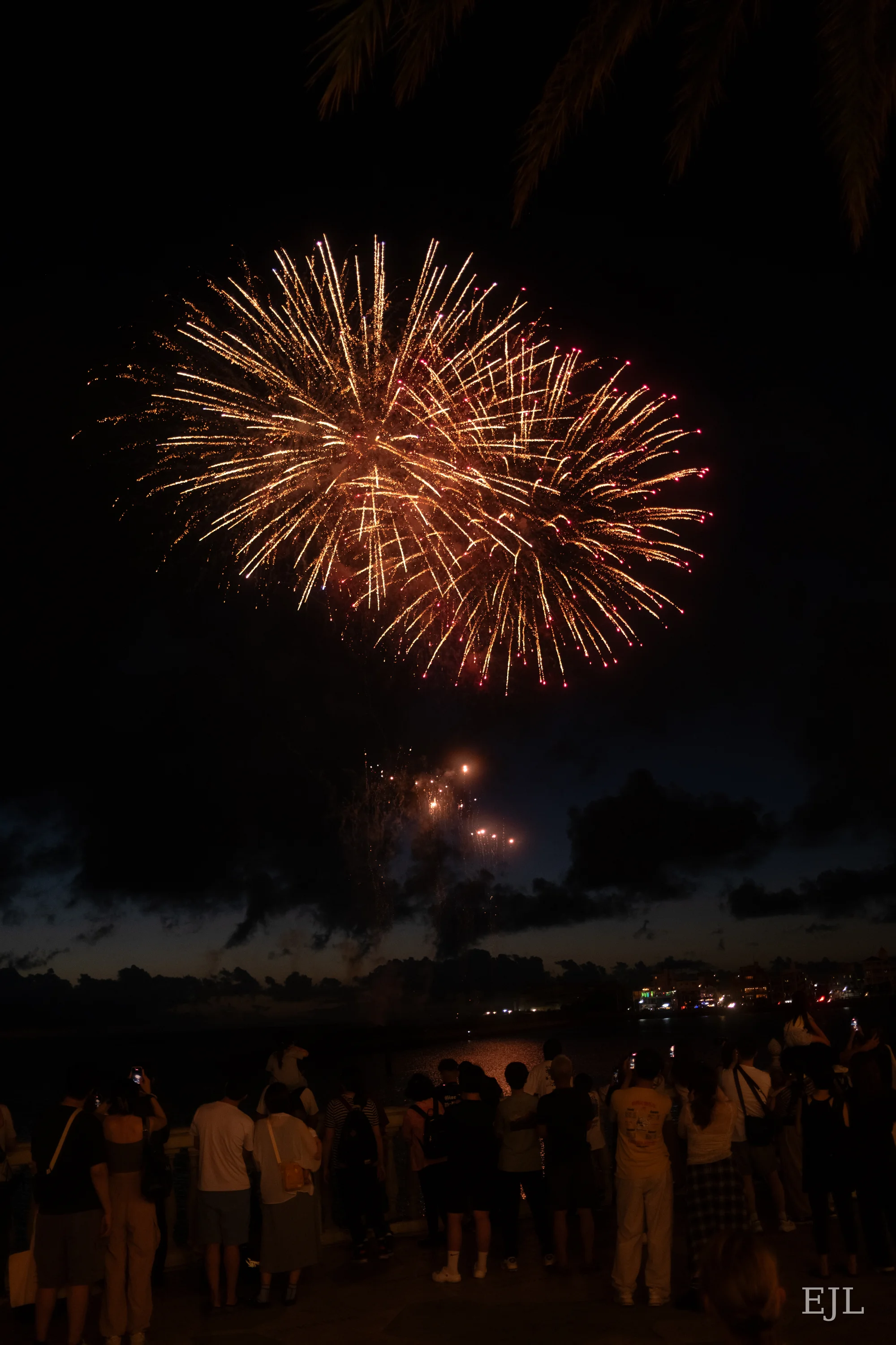 Golden fireworks bursting against the night sky
